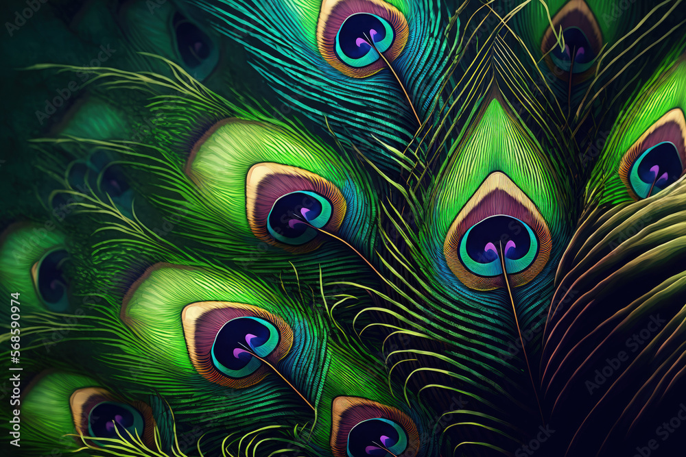 Sticker peacock feathers up close. Generative AI