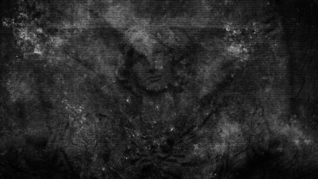 Black and white cemetery angel statue looping grunge animated background