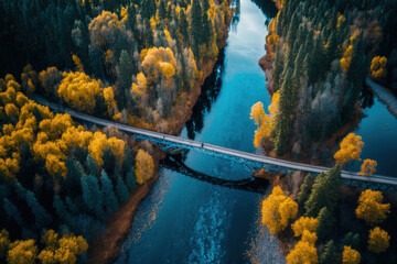 aerial picture of Finland's blue river and bridge with fall colored trees. beautiful fall scenery. Generative AI