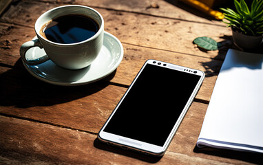 Fototapeta na wymiar Mockup smartphone lying on a wooden table with coffee. Generative AI