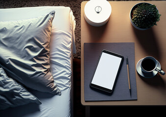 Mockup smartphone lying on a side table next to bed. Generative AI