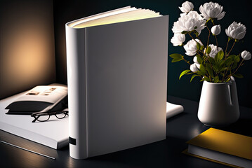 Mockup hardcover book on a table with flowers. Generative AI