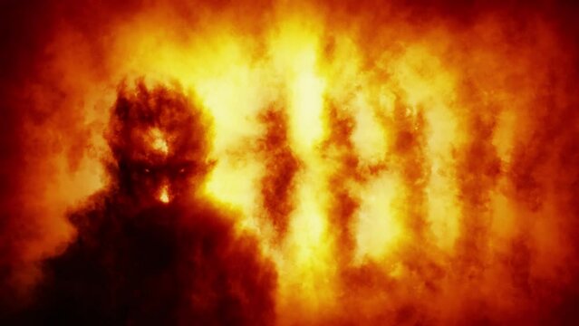 Scary man silhouette stands with his back to fire. Burning house 2d animation. Horror fantasy genre. Dark visions hell. Creepy Halloween. Apocalyptic doomsday theme video clip. Orange background.