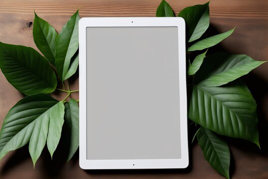 Mockup - Blank tablet lies on the table framed with green plants. Ideal to present your mobile website.