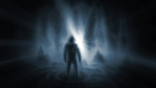 Spooky dark monk 2D animation. One hooded man stands inside cave. Mysterious light inside ritual room ancient temple. Horror fantasy genre. Scary character from nightmares. Blue and black background.