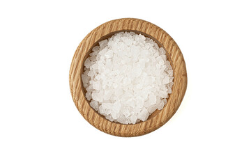 Fototapeta na wymiar Salt in wooden bowl isolated on white background.