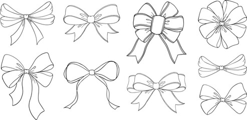 Set of sketched bow and ribbon. Hand drawn vintage line art vector illustration. - obrazy, fototapety, plakaty