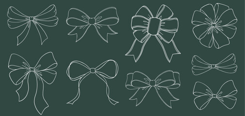 Set of sketched bow and ribbon white line. Hand drawn vintage line art vector illustration.