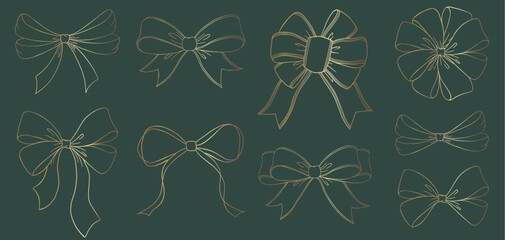 Set of sketched bow and ribbon. Hand drawn vintage line art vector illustration. Gold color.