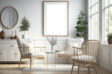 Fototapeta na wymiar Mockup frame in Scandinavian living room interior background, wall mockup, 3d render Generative AI