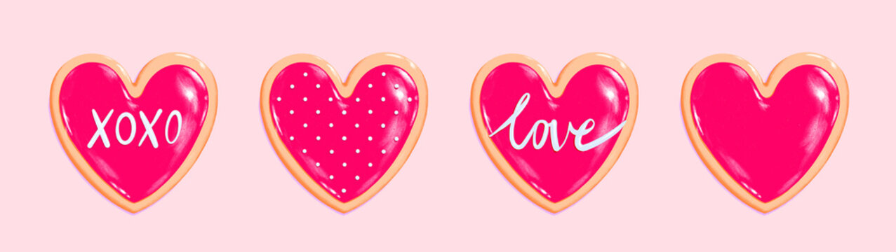 4 heart cookies in a row. 4 shiny red icing decorations - plain, polkadots, hand lettering LOVE and XOXO writing . valentine's day sugar cookie drawing graphic resource for newsletter, blog, social