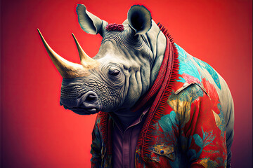 Created with Generative AI technology. rhinoceros dressed in hippy clothes. Humanizationa of animals concept - obrazy, fototapety, plakaty