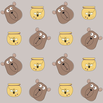 Cute background with bear character  and jar of honey with bee picture continuous one line art