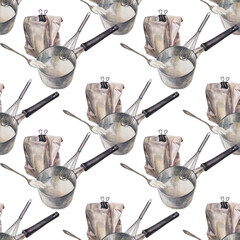 Seamless pattern watercolor saucepan with milk and flour on white background. Hand-drawn kitchen pan for cooking breakfast. Pot for food. Porridge or drink. Art for sticker cookbook, wrapping
