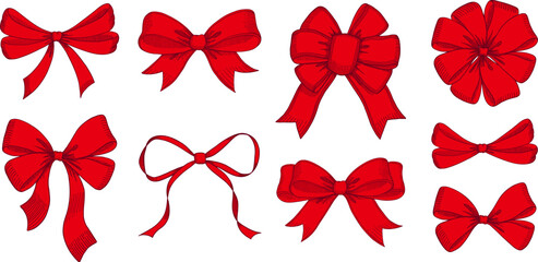 Set of red sketched bow and ribbon. Hand drawn vintage line art vector illustration. - obrazy, fototapety, plakaty