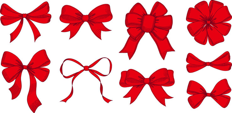 Set of red sketched bow and ribbon. Hand drawn vintage line art vector illustration.