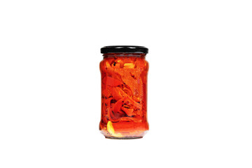 A png image of some roasted pepper strips with a clove of garlic in the background inside a glass jar