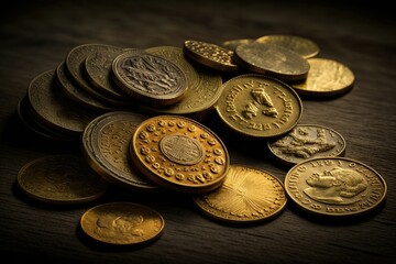 Gold coins on a wooden table. Symbol of wealth and money. Golden background. Generative AI