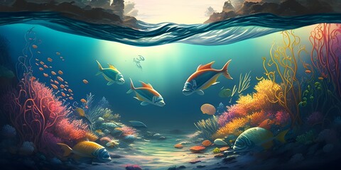 Fototapeta na wymiar Artistic underwater scene with fish, waves, corals, and plants. Generative AI