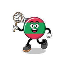Obraz premium Cartoon of maldives flag catching a butterfly