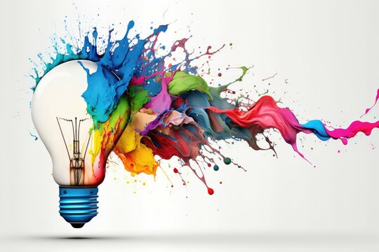 Colorful bulb with splash of colors on white background illustration. Generative AI