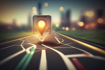 Point on smartphone with gps navigator icon and map on blur traffic road abstract background. Generative AI