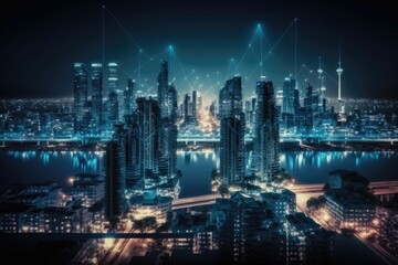 Smart city at night application development concept. Generative AI