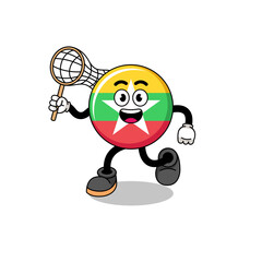 Cartoon of myanmar flag catching a butterfly