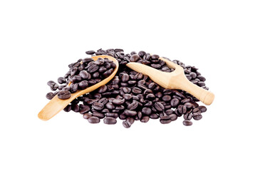   coffee beans in  wooden scoop and   spoon  isolated on  transparent png