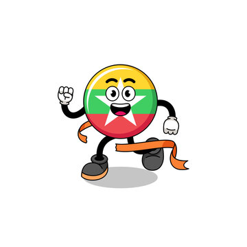 recommend clip art: Mascot cartoon of myanmar flag running on finish line