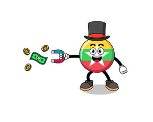 Character Illustration of myanmar flag catching money with a magnet