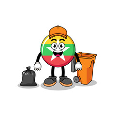 Illustration of myanmar flag cartoon as a garbage collector