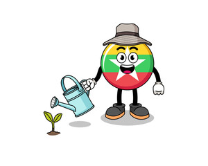 Illustration of myanmar flag cartoon watering the plant