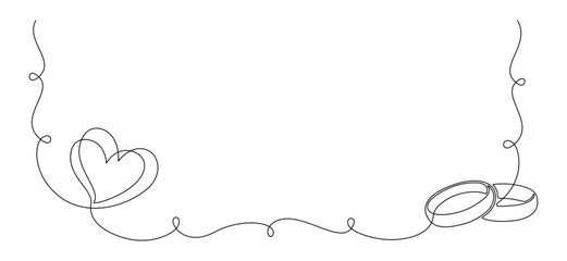 One continuous line drawing of Wedding rings and hearts. Romantic invitation design and symbol engagement and love marriage in simple linear style. Editable stroke. Doodle vector illustration