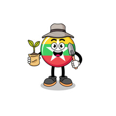 Illustration of myanmar flag cartoon holding a plant seed