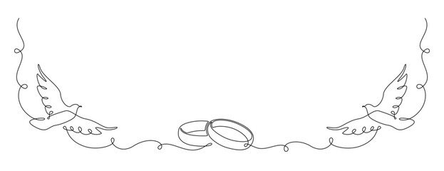 One continuous line drawing of Wedding rings and white dove. Romantic invitation design and symbol engagement and love marriage in simple linear style. Editable stroke. Doodle vector illustration
