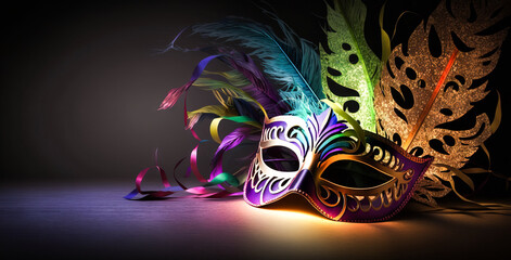 Cosplay, Venetian mask. Bright rainbow colorful,  masquerade party mask on a dark background. Mardi Gras Mask. AI generative	