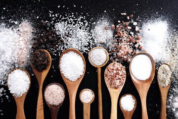 Colorful mix of salt varieties: sea and black, table and pink, himalayan and celtic. Food...