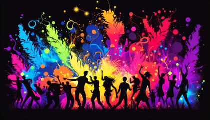 Naklejka na ściany i meble Groovy illustration of dancing people in a club. Abstract illustration with splashes of color with bright colors. Happy dancing in a night club. Party background, Generative AI