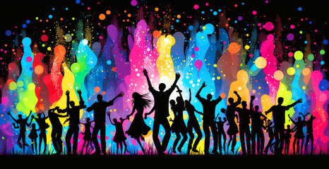 Groovy illustration of dancing people in a club. Abstract illustration with splashes of color with bright colors. Happy dancing in a night club. Party background, Generative AI