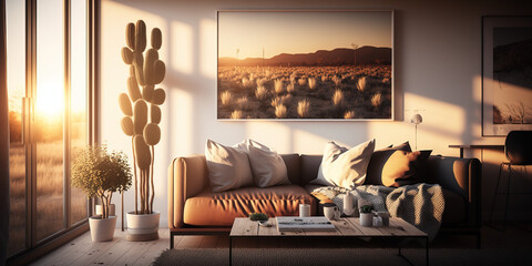 Minimalist living room, sustainable space, interior design. Golden Hour. Generative AI.