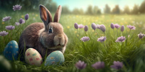 Fototapeta na wymiar Easter bunny and Easter eggs on a spring meadow. Wide Easter wallpaper or banner, with copy space. Generative ai and digital editing.