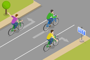 3D Isometric Flat Vector Conceptual Illustration of Safe Bicycle Riding, Traffic Regulation Rules and Tips