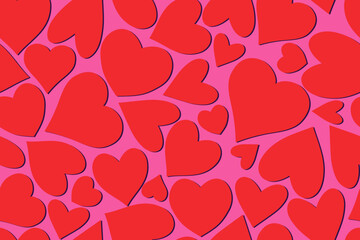 Różowo-czerowny wzór w ręcznie rysowane serca. Ładny romantyczny nadruk. Walentynkowa tekstura, ślubna inspiracja. Wzór powtarzalny. - obrazy, fototapety, plakaty