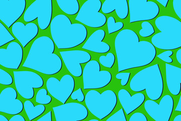 Niebiesko-zielony wzór w ręcznie rysowane serca. Ładny romantyczny nadruk. Walentynkowa tekstura, ślubna inspiracja. Wzór powtarzalny. - obrazy, fototapety, plakaty