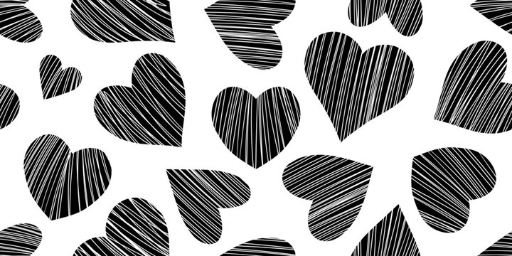Czarno-biały wz&oacute;r w ręcznie rysowane serca z deseniem. Ładny romantyczny nadruk. Walentynkowa tekstura, ślubna inspiracja. Wz&oacute;r powtarzalny.