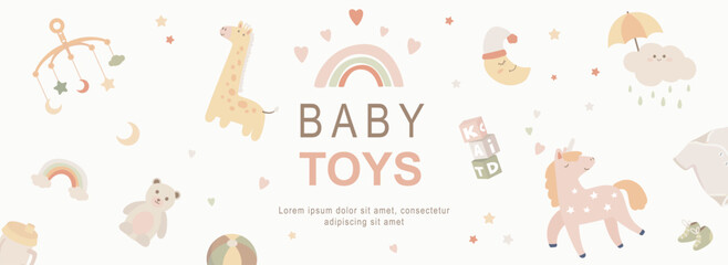 Baby toys horizontal web banner. Kids rainbow, bottle, teddy bear, crescent moon, unicorn, bodysuit and other newborn elements. Vector illustration for header website, cover templates in modern design