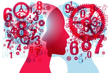 A male and female side silhouette positioned face to face, overlaid with a random set of shapes, gears and numbers.