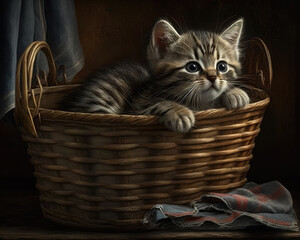 Little Striped Kitten in basket. Generative AI.