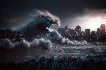 Huge tsunami destroying a city. Dramatic scenery with a apocalyptic big wave flooding the lanscape. Natural disaster. Generative ai - obrazy, fototapety, plakaty